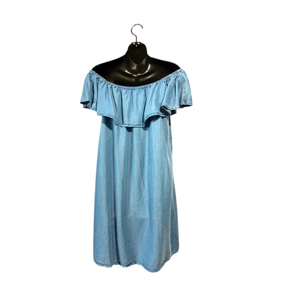 Twik by Simons, Ultra-Soft Denim Dress with Ruffled Neckline, Large, Blue - Picture 8 of 8